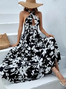 SHEIN VCAY 印花交叉後背繫帶掛脖洋裝 - 黑色 - 查看 7