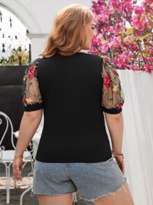 SHEIN Clasi Plus Floral Embroidery Mesh Puff Sleeve Tee - Black - View 2