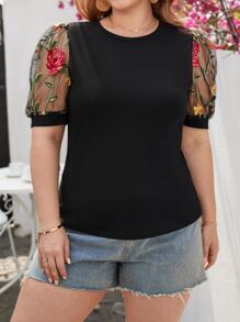 SHEIN Clasi Plus Floral Embroidery Mesh Puff Sleeve Tee - Black - View 4