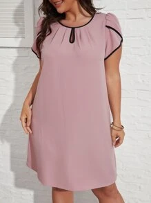 SHEIN Clasi 大碼撞色滾邊花瓣袖鎖眼領連衣裙 - 藕粉色 - 查看 6