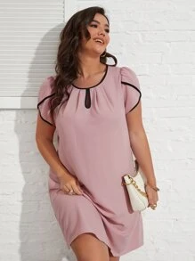 SHEIN Clasi 大碼撞色滾邊花瓣袖鎖眼領連衣裙 - 藕粉色 - 查看 7