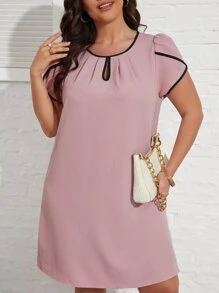 SHEIN Clasi 大碼撞色滾邊花瓣袖鎖眼領連衣裙 - 藕粉色 - 查看 3