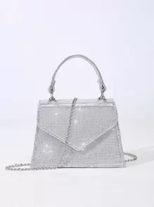 Fashionable Black & Silver Glitter Handbag, Miniature Luxurious & Stylish Rhombic Flip Design With Metal Chain Strap, Suitable For Dinner Party, Wedding, Dating, Ball, Lipstick Storage Ladies' Saddle Bag - Silver - View 1
