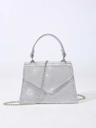 Bolso de moda con purpurina negra y plateada, diseño en miniatura lujoso y elegante con tapa rómbica con correa de cadena de metal, adecuado para cenas, bodas, citas, bailes, almacenamiento de lápiz labial