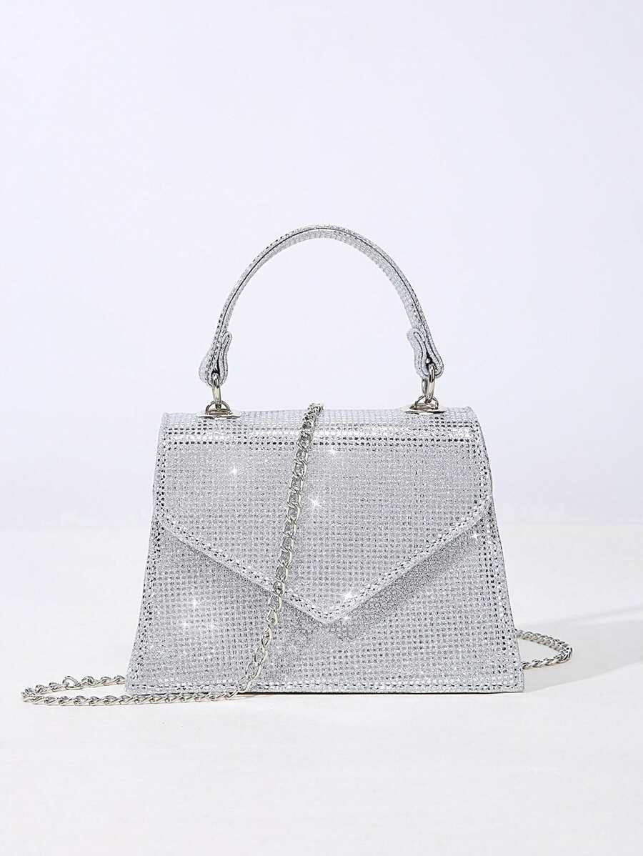Fashionable Black & Silver Glitter Handbag, Miniature Luxurious & Stylish Rhombic Flip Design With Metal Chain Strap, Suitable For Dinner Party, Wedding, Dating, Ball, Lipstick Storage Ladies' Saddle Bag - Silver - View 1