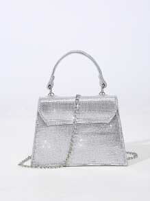 Fashionable Black & Silver Glitter Handbag, Miniature Luxurious & Stylish Rhombic Flip Design With Metal Chain Strap, Suitable For Dinner Party, Wedding, Dating, Ball, Lipstick Storage Ladies' Saddle Bag - Silver - View 2