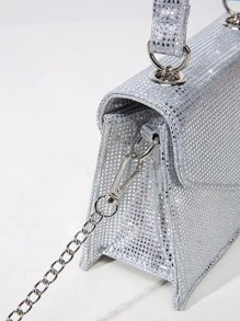 Fashionable Black & Silver Glitter Handbag, Miniature Luxurious & Stylish Rhombic Flip Design With Metal Chain Strap, Suitable For Dinner Party, Wedding, Dating, Ball, Lipstick Storage Ladies' Saddle Bag - Silver - View 4