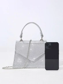 Fashionable Black & Silver Glitter Handbag, Miniature Luxurious & Stylish Rhombic Flip Design With Metal Chain Strap, Suitable For Dinner Party, Wedding, Dating, Ball, Lipstick Storage Ladies' Saddle Bag - Silver - View 6