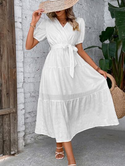 Breezaya Puff Sleeve Ruffle Hem Belted Dress Maxi Vacation Beach Outfits Women
