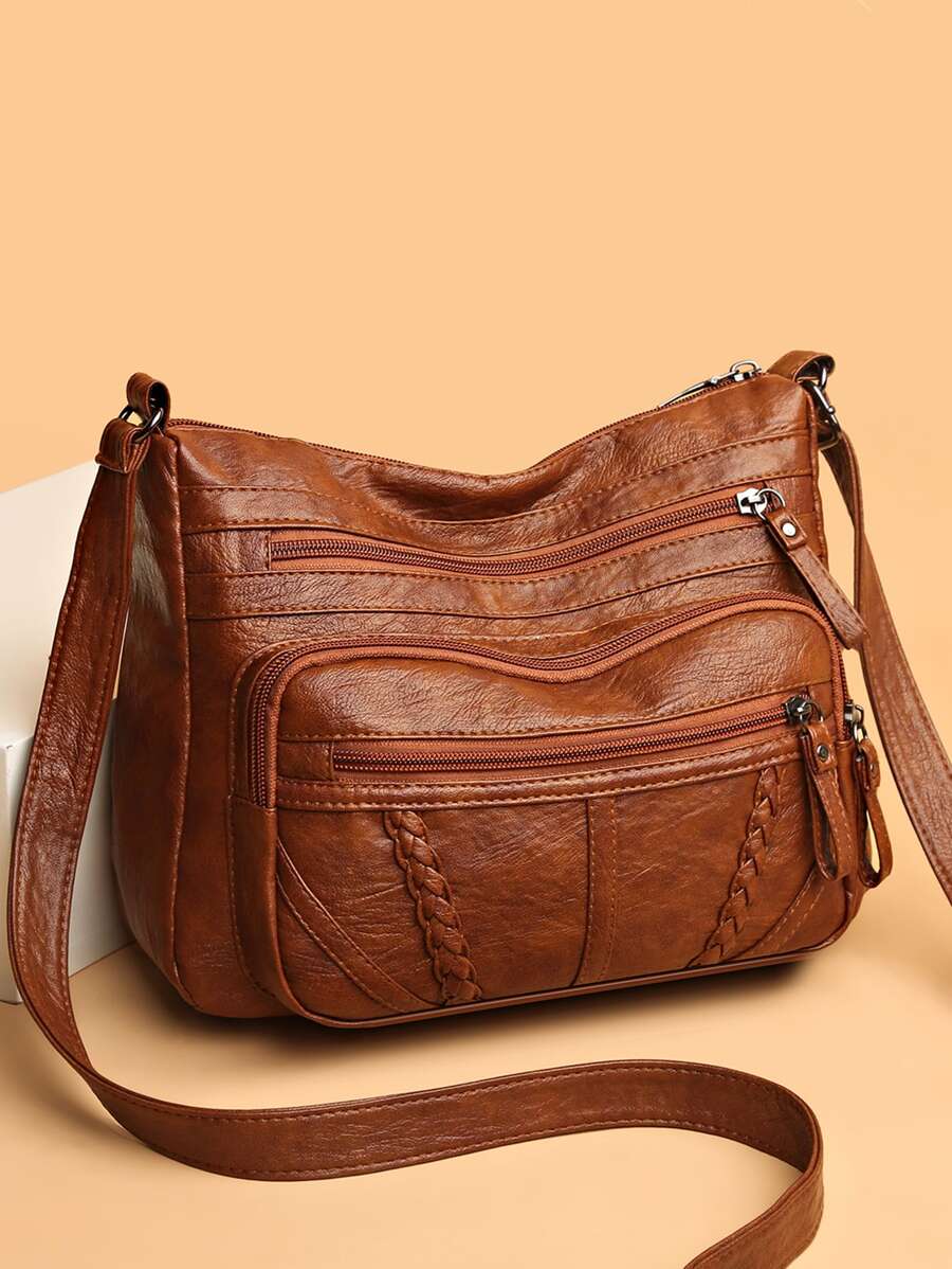 Braided Detail Hobo Bag Zip Front PU - Brown - View 1