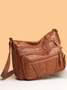 Braided Detail Hobo Bag Zip Front PU - Brown - View 2