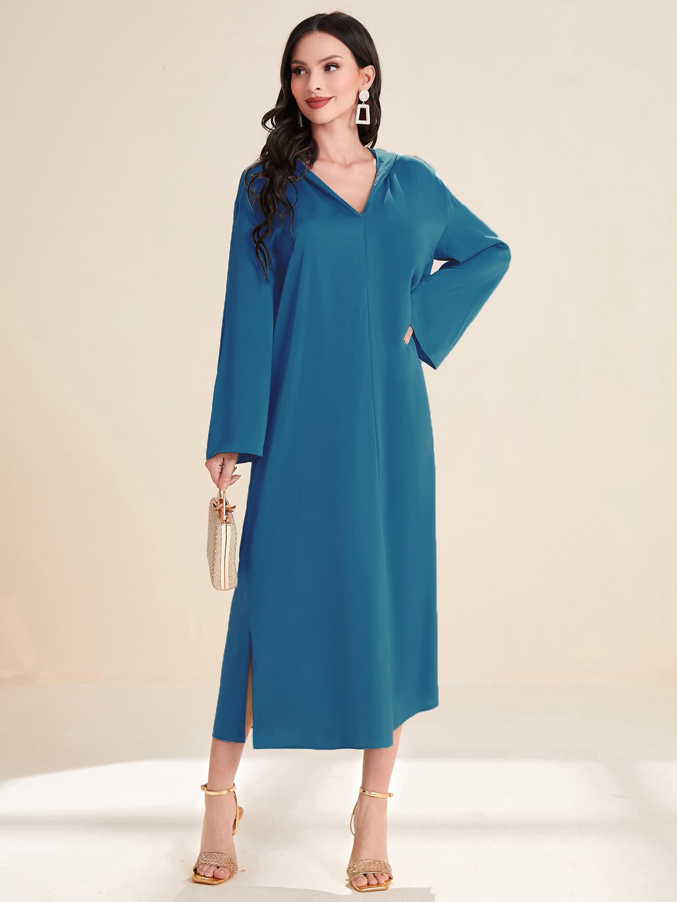 Al Najma Solid Split Hem Hooded Kaftan - Blue - View 1