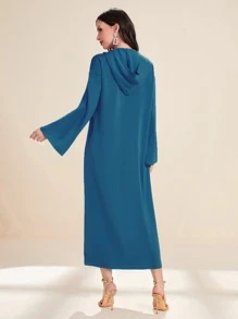 Al Najma Solid Split Hem Hooded Kaftan - Blue - View 2