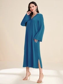 Al Najma Solid Split Hem Hooded Kaftan - Blue - View 3