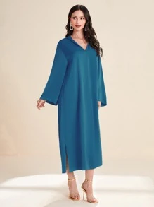 Al Najma Solid Split Hem Hooded Kaftan - Blue - View 4