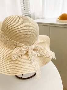 1pc Women Bow Decor Boho Straw Hat, For Travel Valentine's Day Valentines