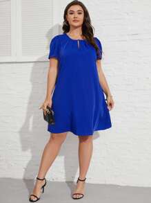 SHEIN LUNE Đầm Plus Size Nút Cắt ra Xếp li màu trơn Giải trí - Màu xanh lam - Xem 4