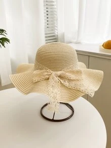 1pc Women Bow Decor Boho Straw Hat, For Travel Valentine's Day Valentines