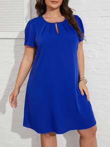 SHEIN LUNE Đầm Plus Size Nút Cắt ra Xếp li màu trơn Giải trí - Màu xanh lam - Xem 6