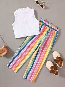 SHEIN 少女夏季七彩條紋休閒時尚立領兩件套 - 彩色 - 查看 2