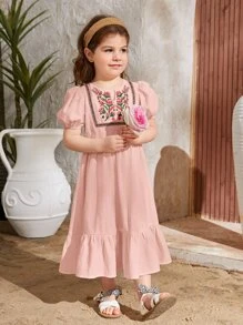 SHEIN Đầm bé gái Thêu Viên lá sen Dây kéo Hoa Dễ thương - Màu Hồng baby - Xem 1