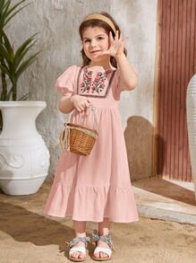 SHEIN Đầm bé gái Thêu Viên lá sen Dây kéo Hoa Dễ thương - Màu Hồng baby - Xem 3