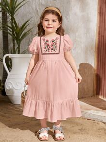 SHEIN Đầm bé gái Thêu Viên lá sen Dây kéo Hoa Dễ thương - Màu Hồng baby - Xem 4