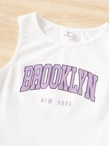 SHEIN Leap Crew Tween Girl Letter Graphic Tank Top & Shorts - Lilac Purple - View 3