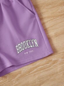 SHEIN Leap Crew Tween Girl Letter Graphic Tank Top & Shorts - Lilac Purple - View 4