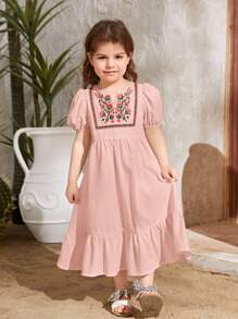 SHEIN Đầm bé gái Thêu Viên lá sen Dây kéo Hoa Dễ thương - Màu Hồng baby - Xem 5