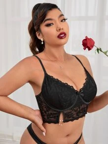 Plus Floral Lace Underwire Bra - Black - View 5