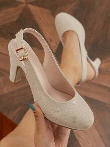 1双搭扣粗跟高跟鞋，纯色通勤百搭职业派对正式优雅闭趾女鞋 - 金色 - 查看 3