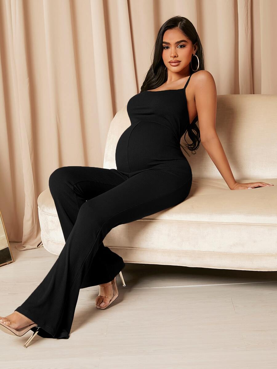 MaterniChic Maternity Solid Flare Leg Cami Jumpsuit
