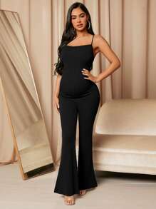 MaterniChic Maternity Solid Flare Leg Cami Jumpsuit