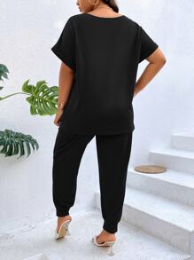 SHEIN LUNE 大碼扭結下擺蝙蝠袖T恤和運動褲 - 黑色 - 查看 2