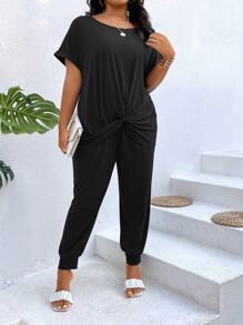 SHEIN LUNE 大碼扭結下擺蝙蝠袖T恤和運動褲 - 黑色 - 查看 4