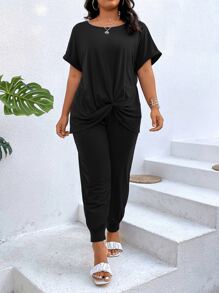 SHEIN LUNE 大碼扭結下擺蝙蝠袖T恤和運動褲 - 黑色 - 查看 5