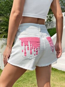 SHEIN Graphic Print Raw Hem Denim Shorts - White - View 3