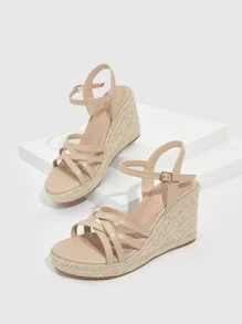 Styleloop 女士交叉帶踝帶度假坡跟涼鞋 - 杏色 - 查看 5