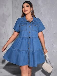 SHEIN Essnce Đầm Denim kích thước lớn Túi Viên lá sen Nút phía trước màu trơn Giải trí - Rửa trung bình - Xem 1