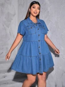 SHEIN Essnce Đầm Denim kích thước lớn Túi Viên lá sen Nút phía trước màu trơn Giải trí - Rửa trung bình - Xem 4