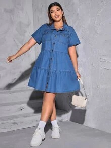 SHEIN Essnce Đầm Denim kích thước lớn Túi Viên lá sen Nút phía trước màu trơn Giải trí - Rửa trung bình - Xem 5