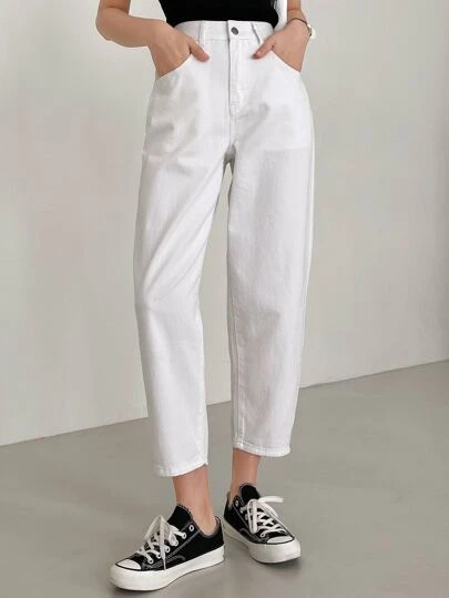 Dazy-Less 纯色斜口袋七分牛仔裤，复古风格，返校服，商务休闲女式工作服