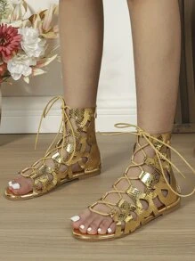 Women Cut Out Detail Snakeskin Embossed Gladiator Sandals, Glamorous Flat Sandals - Gold - View 3