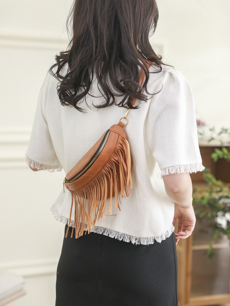 中等腰包橘色流蘇裝飾可調整肩帶