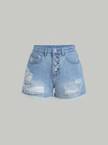 SHEIN 青少年女孩破洞毛邊紐扣門襟牛仔短褲 - 淺色水洗藍 - 查看 1