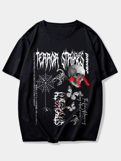 Grunge Punk Guys Skull Letter Print Tee