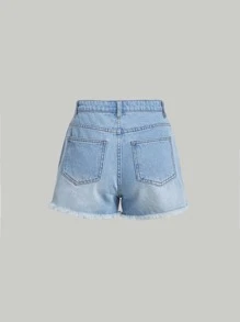 SHEIN 青少年女孩破洞毛邊紐扣門襟牛仔短褲 - 淺色水洗藍 - 查看 2