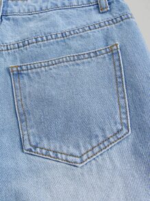 SHEIN 青少年女孩破洞毛邊紐扣門襟牛仔短褲 - 淺色水洗藍 - 查看 4
