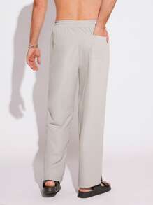 GENTILAND Men Drawstring Waist Straight Leg Trousers - Light Grey - View 2